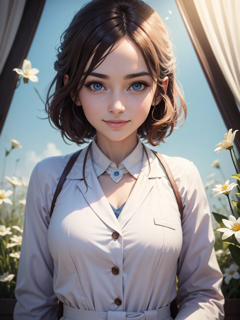 beautiful humanization of medicine, noble young smiling woman in a white medical coat, brown hair, huge light blue eyes full of kindness and happiness, blooming flowers, colors of shadows and light, color scheme, expressive careful detailed drawing, super detailed, delicate natural shades, shine, natural surroundings, beauty, good angle, double exposure, depth, sharpness, captivating haze