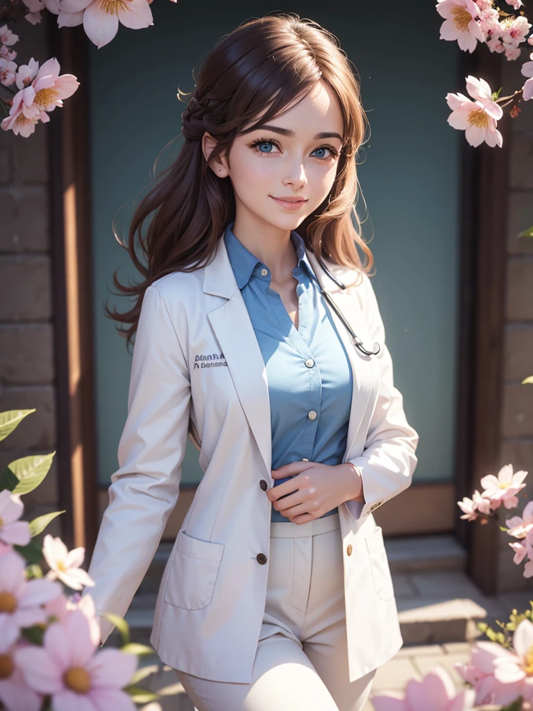 beautiful humanization of medicine, noble young smiling woman in a white medical coat, brown hair, huge light blue eyes full of kindness and happiness, blooming flowers, colors of shadows and light, color scheme, expressive careful detailed drawing, super detailed, delicate natural shades, shine, natural surroundings, beauty, good angle, double exposure, depth, sharpness, captivating haze