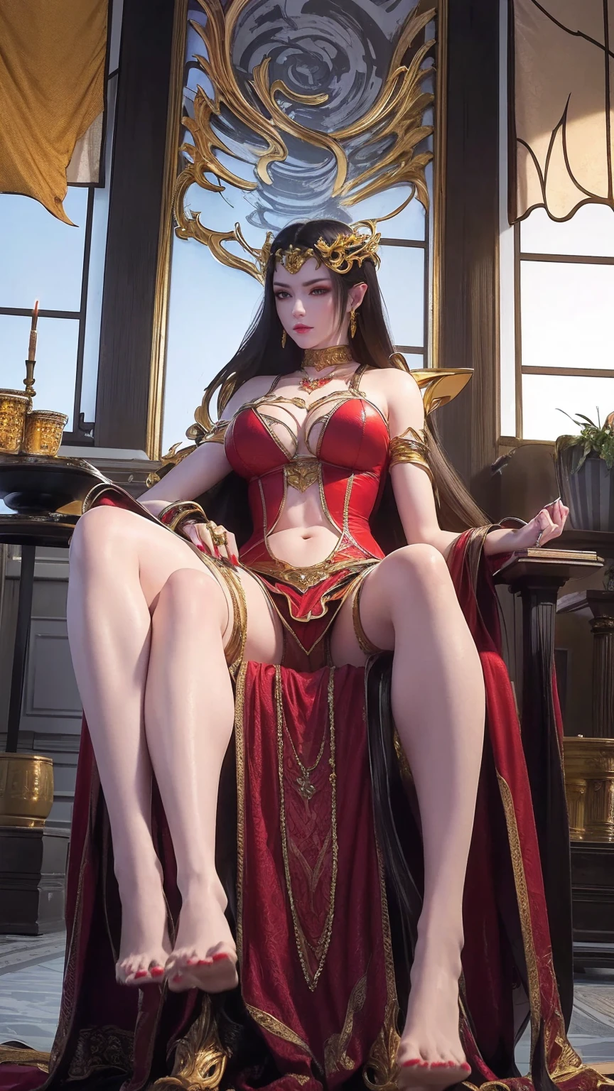 Throw,(8k, original photo, best quality, masterpiece:1.2),(actual, photo-actual:1.37),photo mapping,professional lighting,Radiosity,1 girl,alone,pocket thong、(((big breasts))), split, (((spread legs))),long hair,(bracelet:1.1),(long legs:1.2),(earrings:1.1),Physically based rendering,Taikou,Performance,Egyptian costumes,Dark blue and gold dress,shiny dress,right hand,Overhead halo,Lights illuminate faces in dark rooms,