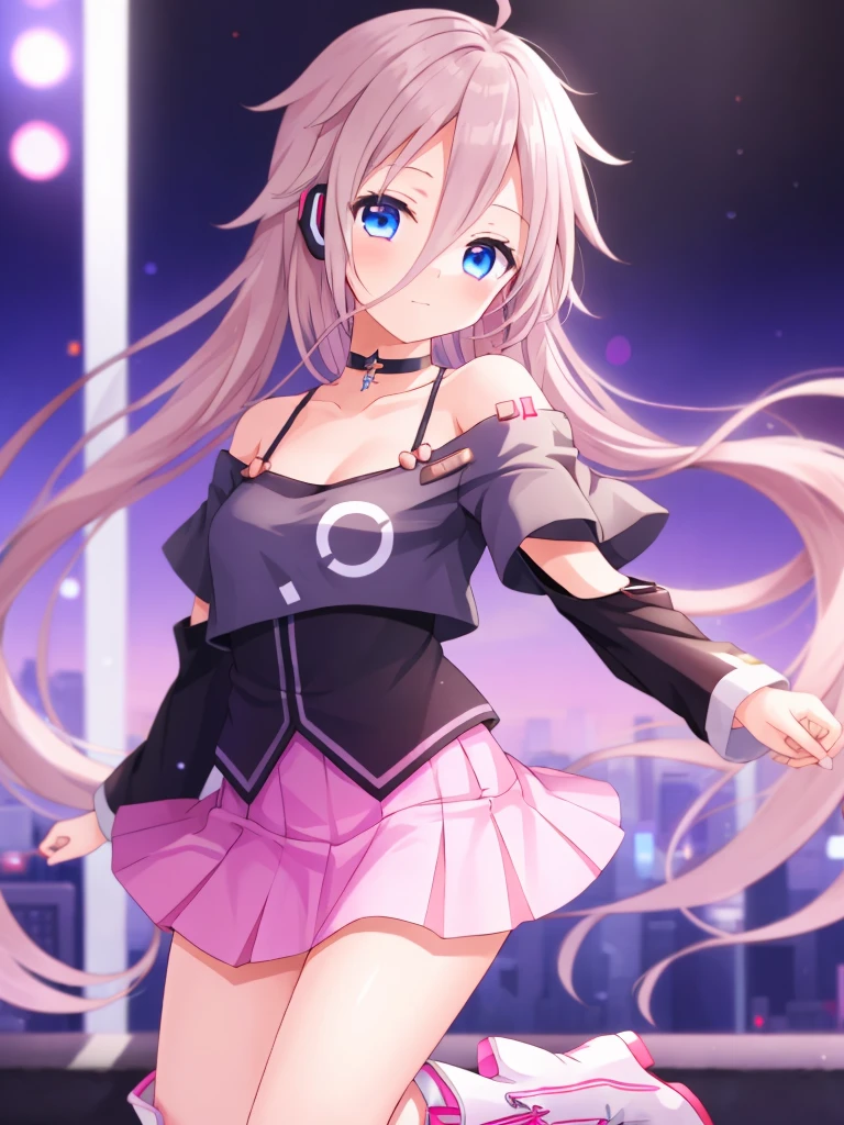 one girl, IA, vocaloid, skirt, black shirt, off shoulder, choker, beautiful, boots, naive, upperbody