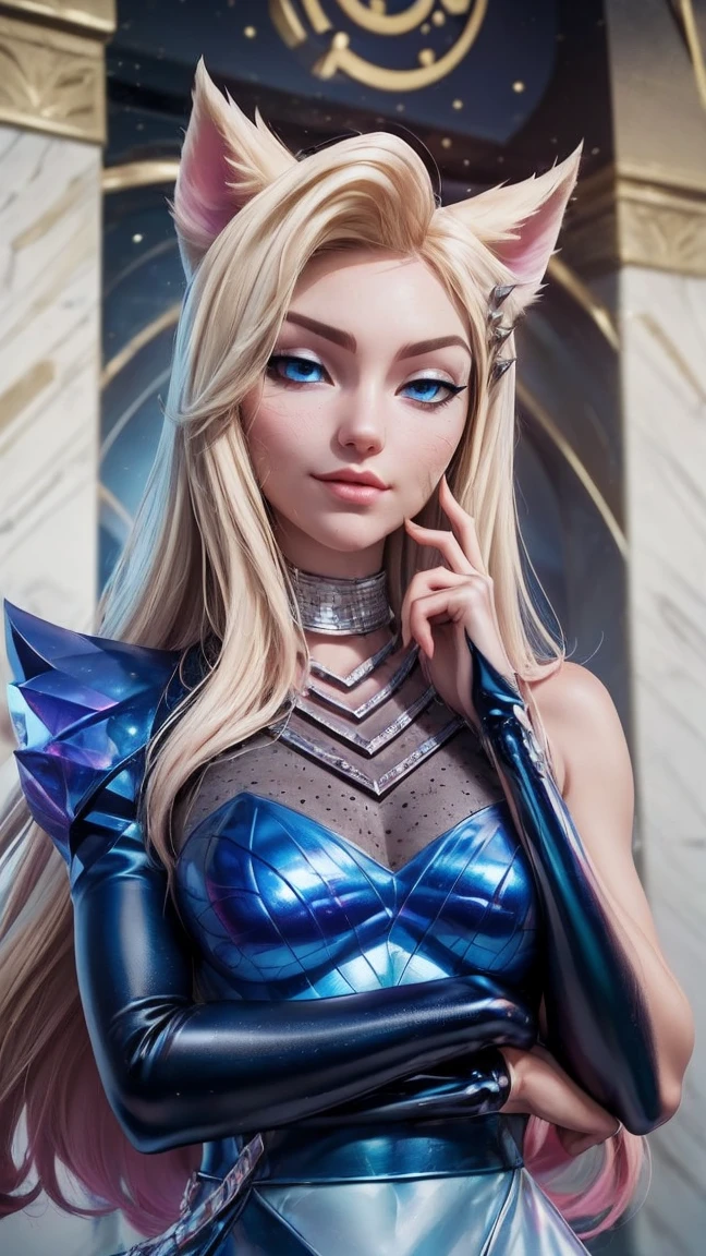 ((best quality)), ((Meisterwerk)), ((K/DA All out ahri), (League of legends), ((stehend)), erotischer Pose, (blue eyes), ((upper body)), Unreal Engine, realistisch, pretty, sexy, young girl, ((blonde Hair)), Halsband, big , professionelles Make-up, Cool, sonniger Tag, Tyndall-Effekt, Guter Ray, music stage in the background, draussen, hell, subtle smile,