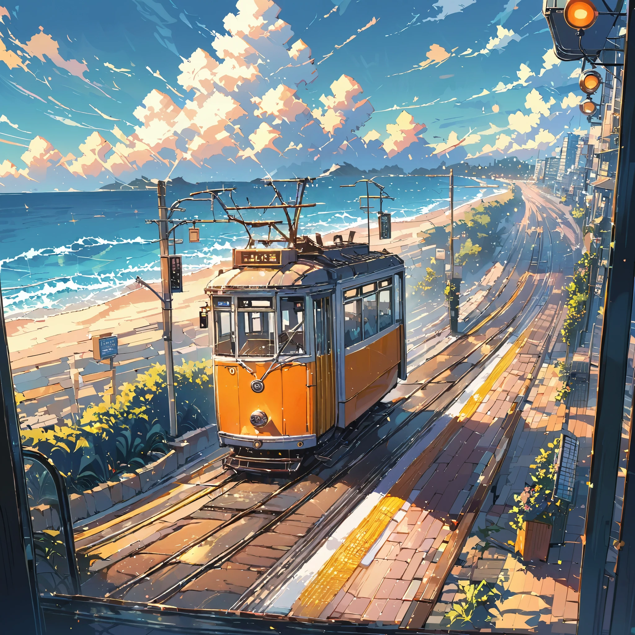 ((anime:1.4,illustration)),(masterpiece, top quality, best quality),(ultra-detailed, absolutely resolution),((16k, high res)), (((tram, seaside, blue sky, cumulonimbus cloud)) ((cozy lofi illustration:1.4)), ((anime:1.4, illustration)),(masterpiece, top quality, best quality),(ultra-detailed, absolutely resolution),((16k, high res)) BREAK {lofi art, style of Laurie Greasley, style of Makoto Shinkai, anime aesthetic}, BREAK { (produces images with information than 40 million pixels with cinematic-like detailed textures shot on a Sony SLR).}