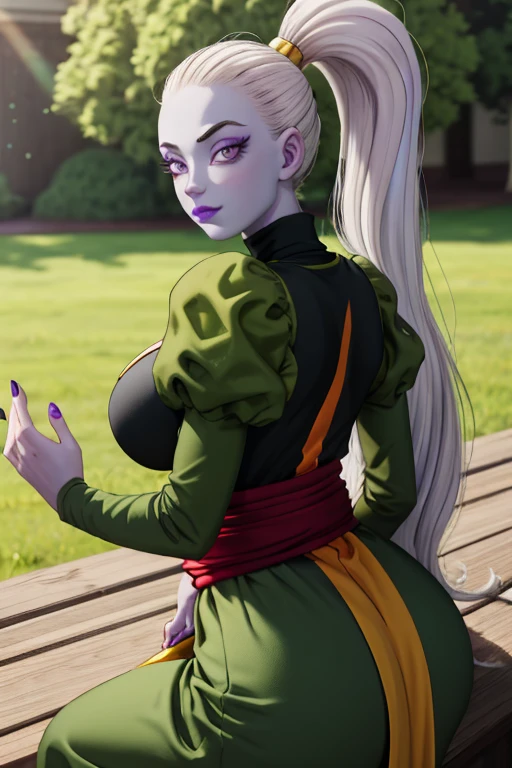 Dress_DragonBallSuper_Vados_ownwaifu, 
1girl, blue skin, white hair, hair pulled back, high ponytail, purple eyes, colored skin, alien, long hair, very long hair, lipstick, makeup, purple lips, breasts, large breasts, large ass,eyelashes,  jewelry, purple nails,
puffy sleeves, long sleeves, dress, juliet sleeves, sash, green skirt,  puffy long sleeves, turtleneck,
((masterpiece)),((best quality)),(highres, absurdres), original, bokeh, depth_of_field, scenery, spotlight, focused, looking at viewer, solo, cowboy shot,sexy pose,sits,18+