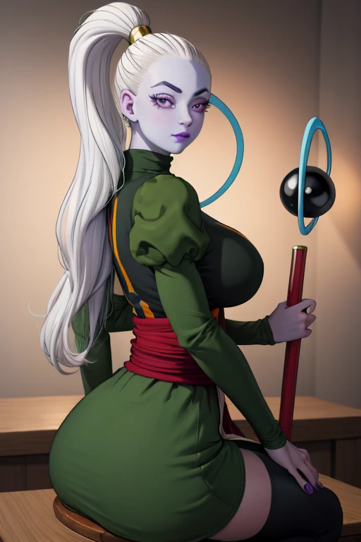 Dress_DragonBallSuper_Vados_ownwaifu, 
1girl, blue skin, white hair, hair pulled back, high ponytail, purple eyes, colored skin, alien, long hair, very long hair, lipstick, makeup, purple lips, breasts, large breasts, large ass,eyelashes,  jewelry, purple nails,
puffy sleeves, long sleeves, dress, juliet sleeves, sash, green skirt,  puffy long sleeves, turtleneck,
((masterpiece)),((best quality)),(highres, absurdres), original, bokeh, depth_of_field, scenery, spotlight, focused, looking at viewer, solo, cowboy shot,sexy pose,sits,18+