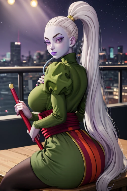 Dress_DragonBallSuper_Vados_ownwaifu, 
1girl, blue skin, white hair, hair pulled back, high ponytail, purple eyes, colored skin, alien, long hair, very long hair, lipstick, makeup, purple lips, breasts, large breasts, large ass,eyelashes,  jewelry, purple nails,
puffy sleeves, long sleeves, dress, juliet sleeves, sash, green skirt,  puffy long sleeves, turtleneck,
((masterpiece)),((best quality)),(highres, absurdres), original, bokeh, depth_of_field, scenery, spotlight, focused, looking at viewer, solo, cowboy shot,sexy pose,sits,18+