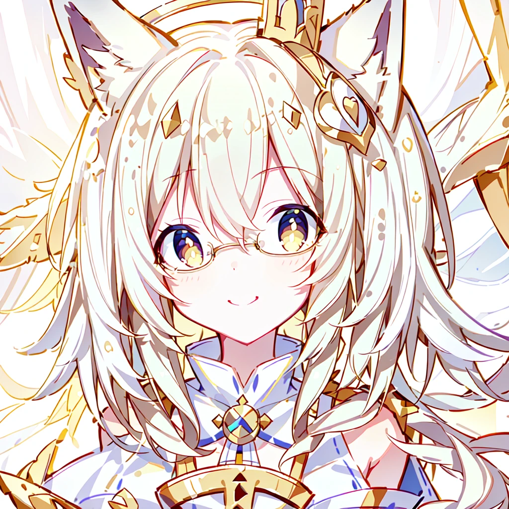 ((Best quality)), ((masterpiece)), (detailed), best quality，8k，original photo，White Fox Girl，touch fox，Castle Background， Liveliness. Carefree happy joy bokeh background. Quiet aesthetics. Soft lighting. Artistic Lighting. Gold frame glasses