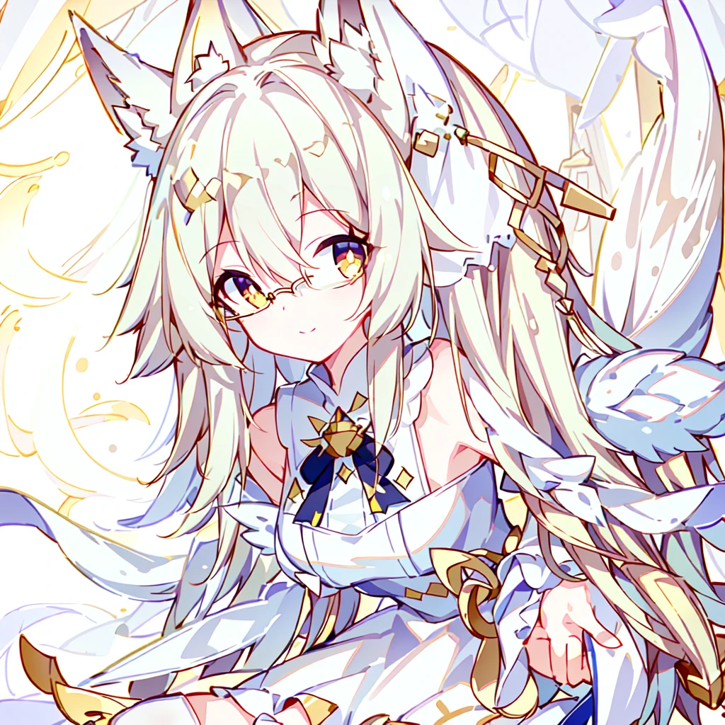 ((Best quality)), ((masterpiece)), (detailed), best quality,8k,original photo,White Fox Girl,touch fox,Castle Background, Liveliness. Carefree happy joy bokeh background. Quiet aesthetics. Soft lighting. Artistic Lighting. Gold frame glasses