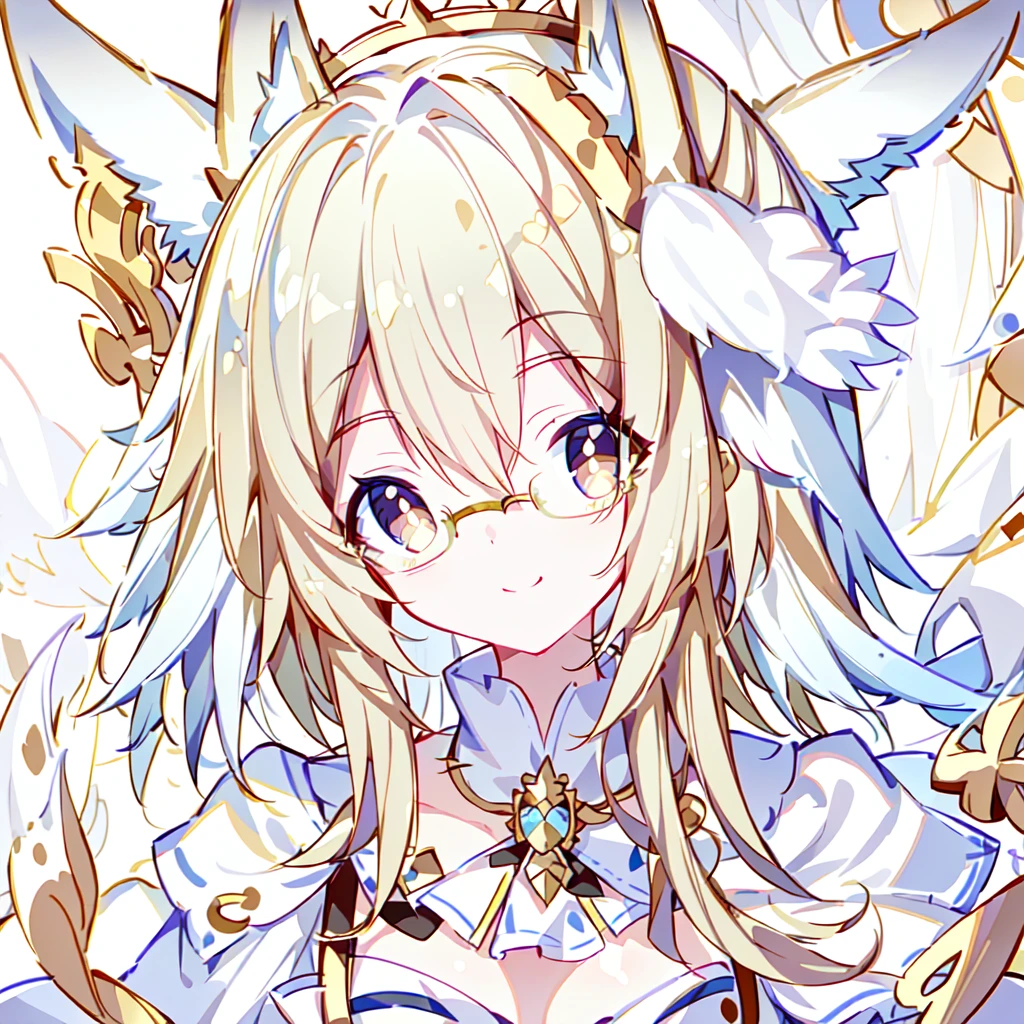 ((Best quality)), ((masterpiece)), (detailed), best quality,8k,original photo,White Fox Girl,touch fox,Castle Background, Liveliness. Carefree happy joy bokeh background. Quiet aesthetics. Soft lighting. Artistic Lighting. Gold frame glasses
