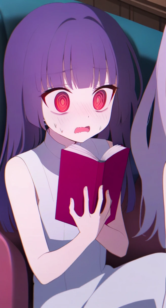 Teenage girl, long white and purple hair, straight bangs, bright red eyes, in the left eye the pupil is in the form of a spiral, sleeveless white dress, with the book, on the couch, scared