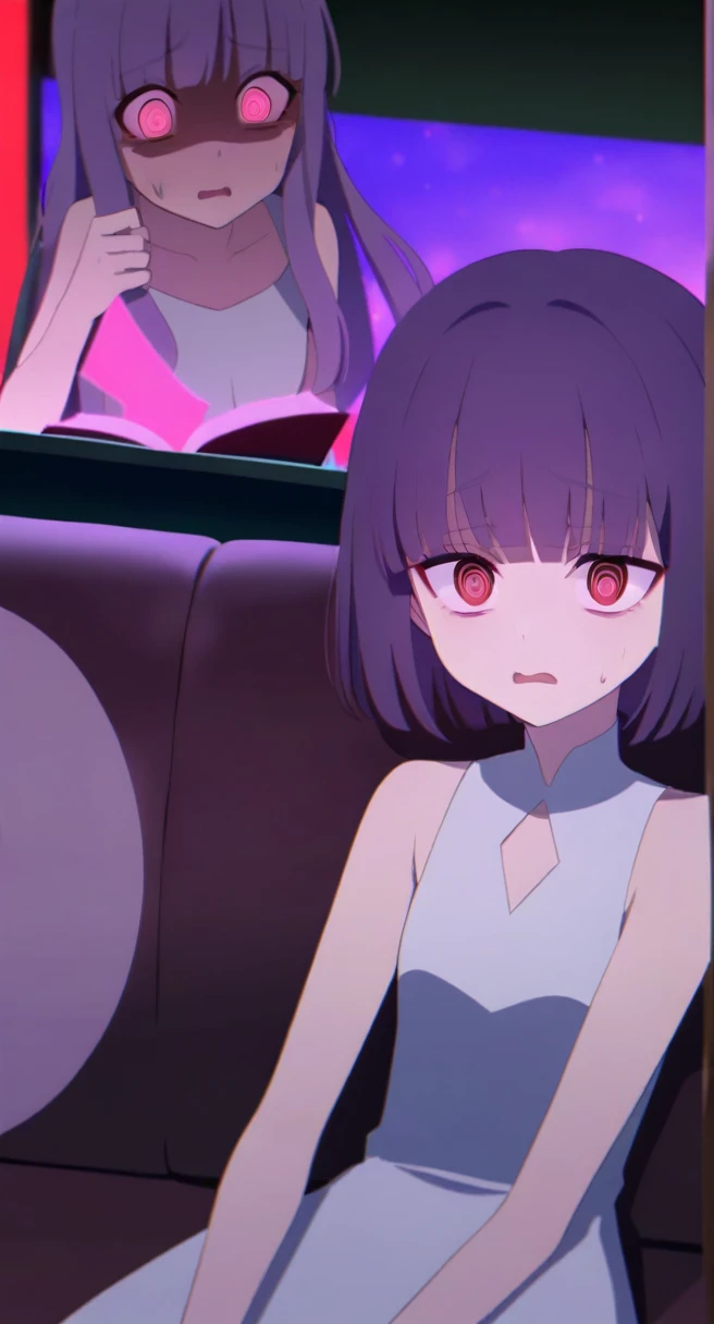 age girl, long white and purple hair, straight bangs, bright red eyes, in the left eye the pupil is in the form of a spiral, sleeveless white dress, with the book, on the couch, scared