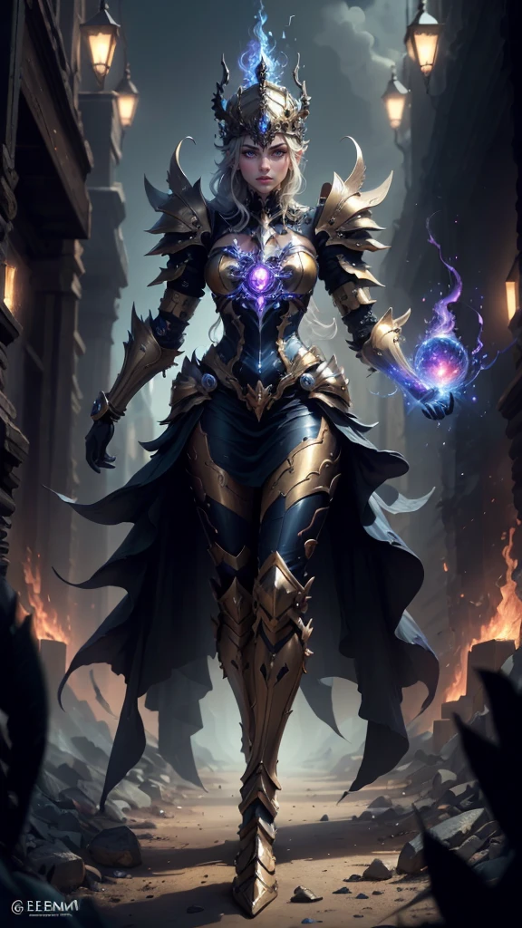 A woman adorned in fantasy-style full-body armor, a crown-concept fully enclosed helmet that unveils only her eyes, a composite layered chest plate, fully encompassing shoulder and hand guards, a lightweight waist armor, form-fitting shin guards, the overall design is heavy-duty yet flexible, (the armor gleams with a golden glow, complemented by red and blue accents), exhibiting a noble aura, she floats above a fantasy-surreal high-tech city, this character embodies a finely crafted fantasy-surreal style armored hero in anime style, exquisite and mature manga art style, (mixture of Queen bee and Spider concept Armor, plasma), ((Element, elegant, goddess, femminine:1.5)), metallic, high definition, best quality, highres, ultra-detailed, ultra-fine painting, extremely delicate, professional, anatomically correct, symmetrical face, extremely detailed eyes and face, high quality eyes, creativity, RAW photo, UHD, 32k, Natural light, cinematic lighting, masterpiece-anatomy-perfect, masterpiece:1.5