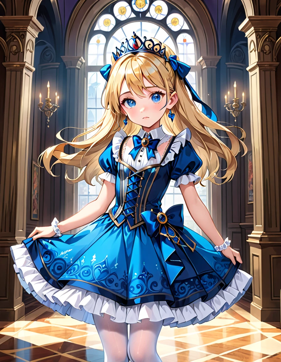 (best quality,4k,8k,highres,masterpiece:1.2),ultra-detailed, 16 years old prince magically transformed into a cute seven years old princess, is embarrassed, gender bending, fantasy, royalty, fantastic transformation, drawn in anime art style, steampunk, childlike, young girl, blond hair and blue eyes, blushing, flat chested, blue and white princess gown with puffy sleeves, physically-based rendering,gorgeous dress design,flowing gown,elaborate lace details,rich textures,contrast stitching,delicate ribbon bows,floral accents,full skirt,short sleeves,fitted waistline,lace-up back,luxurious fabrics,flawless silhouette, bow tie, petticoat, white pantyhose, white elbow gloves, corset, gold earrings and necklace, tiara, hair ribbons, mary jane shoes, standing in a castle bedroom.