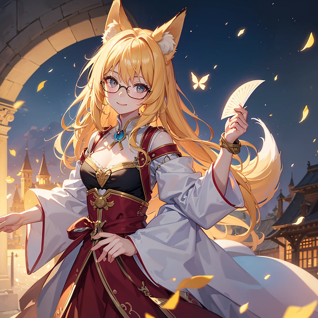 ((Best quality)), ((masterpiece)), (detailed), best quality，8k，original photo，This is a perfect face，Fox-eared maiden，touch fox，Castle Background， Liveliness. Carefree happy joy bokeh background. Quiet aesthetics. Soft lighting. Artistic Lighting. wearing glasses
