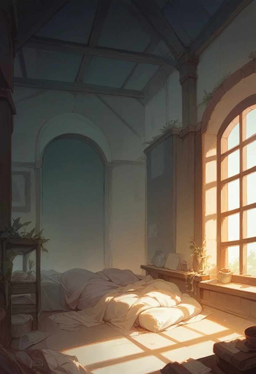This is a perspective view of the interior of the building..,the place is a bedroom,Natural modern taste,A slightly dark atmosphere with indirect lighting,The night view from the window is beautiful.