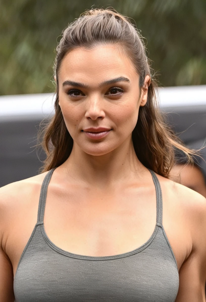  high quality  Erotic paparazzi photograph  of GalGadot as Hailee Steinfeld (hail33 woman, long brown hair, long brown hair pulled back, hair bun ) , 45 yo woman, shiny and glowy skin, sensual shiny skin, big , on beach, vacation  , random angle walking, sexualized figure , randomly taken photograph ,tight sexualized shirt , random erotic photograph , she is wearing a extremely sweaty t shirt, wet underarms , warm environment , bright sun,  tired woman , fit tall muscular woman  ( detailed face ,depth of field, insanely detailed skin texture, hyper detailed features, perfect anatomy  )