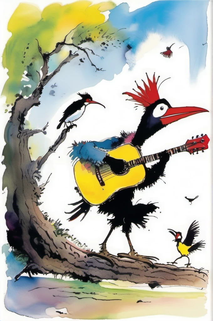 Quentin Blake-esque - A Quentin Blake-esque man plays guitar、A woodpecker keeps a rhythm、Full color illustrations