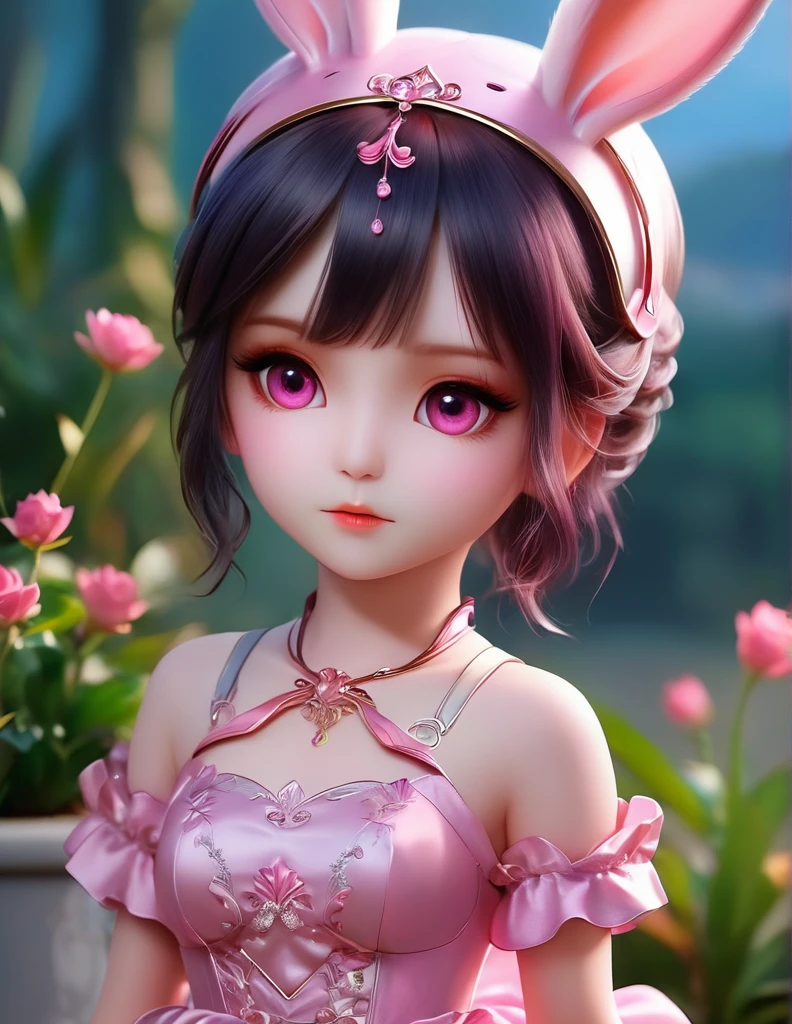 quality(8k wallpaper of extremely detailed CG unit, masterpiece, hight resolution, top-quality, top-quality real texture skin,hyper realisitic, digitial painting,increase the resolution,RAW photos,best qualtiy,highly detailed,the wallpaper),BREAK,8K, Chibi, rabbit ears, pink dress, blurry background, pink eyes