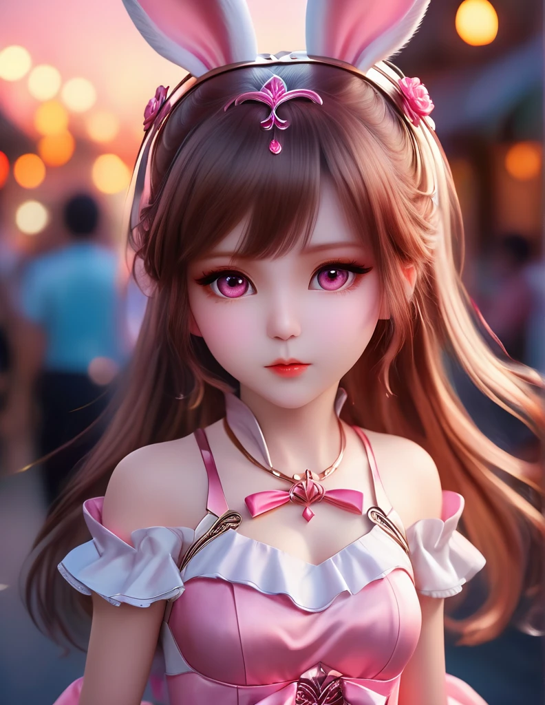 quality(8k wallpaper of extremely detailed CG unit, ​masterpiece, hight resolution, top-quality, top-quality real texture skin,hyper realisitic, digitial painting,increase the resolution,RAW photos，best qualtiy,highly detailed,the wallpaper),BREAK,8K, Chibi, rabbit ears, pink dress, blurry background, pink eyes 