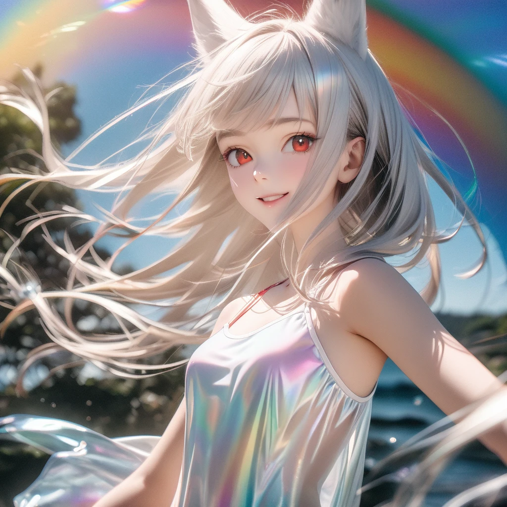 best quality, 8k, original photo, Ridiculous, Extremely detailed, Fox ears，baby face, No makeup, Pleasant smile, slim, Perfect proportion, White straight hair, (wind, wind-effect), Red Eyes, Various visual styles for backgrounds，combines various artistic elements，like a sparkling iridescent rainbow，White Fox Girl，swimsuit，Gold frame glasses