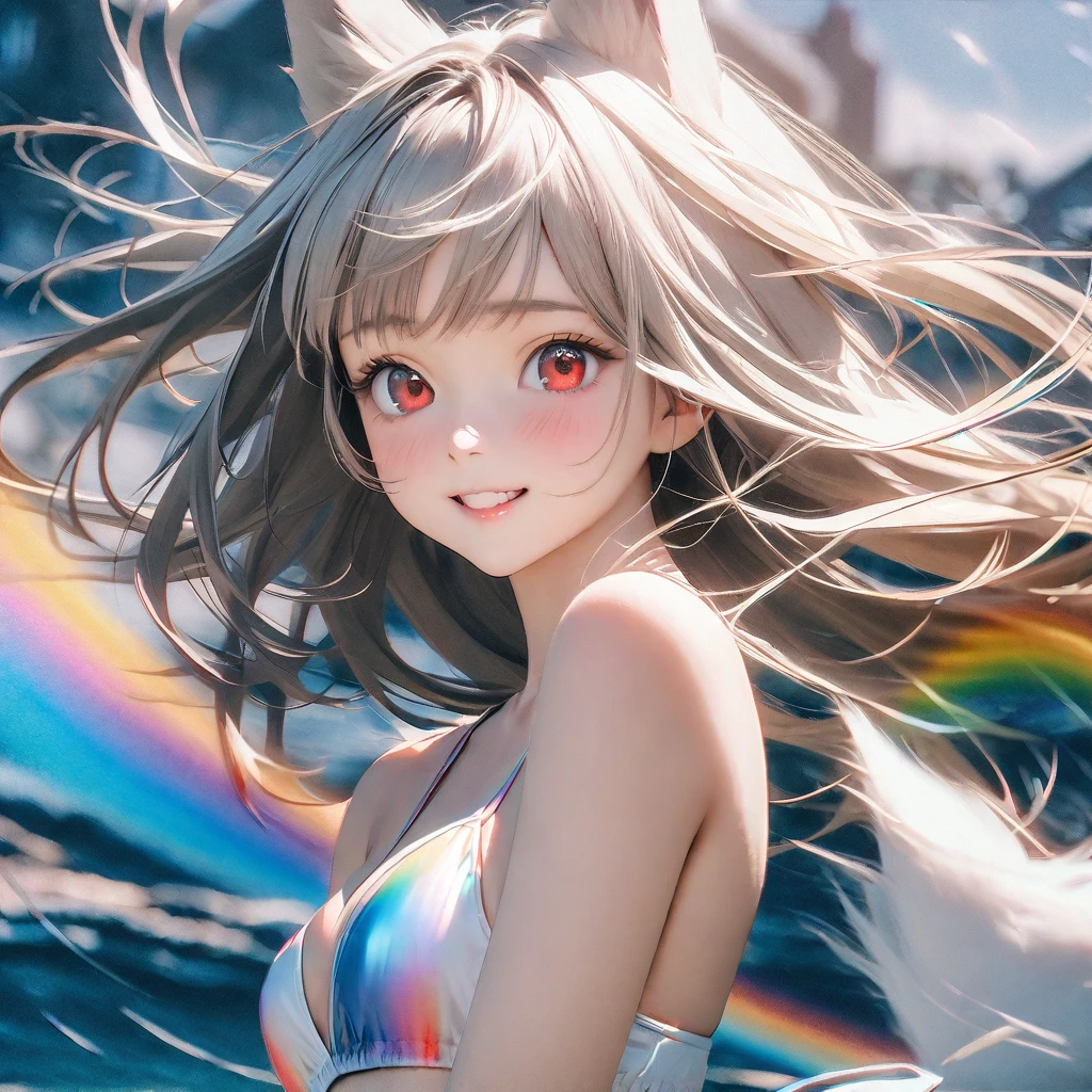 best quality, 8k, original photo, Ridiculous, Extremely detailed, Fox ears,baby face, No makeup, Pleasant smile, slim, Perfect proportion, White straight hair, (wind, wind-effect), Red Eyes, Various visual styles for backgrounds,combines various artistic elements,like a sparkling iridescent rainbow,White Fox Girl,swimsuit,Gold frame glasses