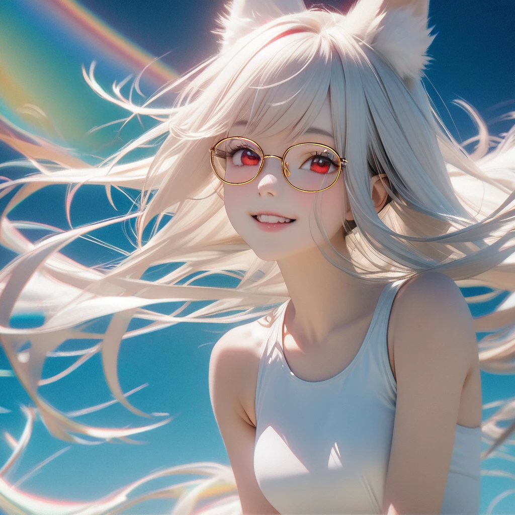 best quality, 8k, original photo, Ridiculous, Extremely detailed, Fox ears,baby face, No makeup, Pleasant smile, slim, Perfect proportion, White straight hair, (wind, wind-effect), Red Eyes, Various visual styles for backgrounds,combines various artistic elements,like a sparkling iridescent rainbow,White Fox Girl,swimsuit,Gold frame glasses