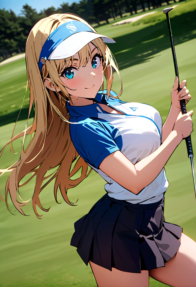 sound　high resolution　8k beauty　Woman playing golf　Golf course　Beautiful woman　Blonde　aggressive　Winning spirit　Namaiki　Golf Wear　mini skirt　smile　　looking at the camera　nice shot　No sleeve　Sun visor　long hair　Professional Golfer