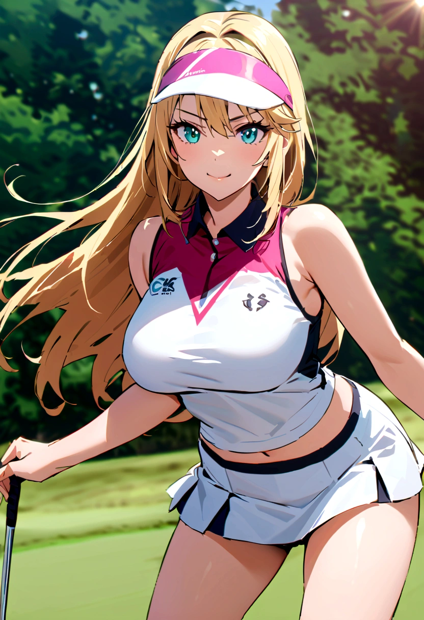 sound　high resolution　8k beauty　Woman playing golf　Golf course　Beautiful woman　Blonde　aggressive　Winning spirit　Namaiki　Golf Wear　mini skirt　smile　　looking at the camera　nice shot　No sleeve　Sun visor　long hair　Professional Golfer