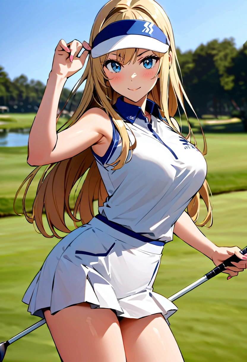 sound　high resolution　8k beauty　Woman playing golf　Golf course　Beautiful woman　Blonde　aggressive　Winning spirit　Namaiki　Golf Wear　mini skirt　smile　　looking at the camera　nice shot　No sleeve　Sun visor　long hair　Professional Golfer