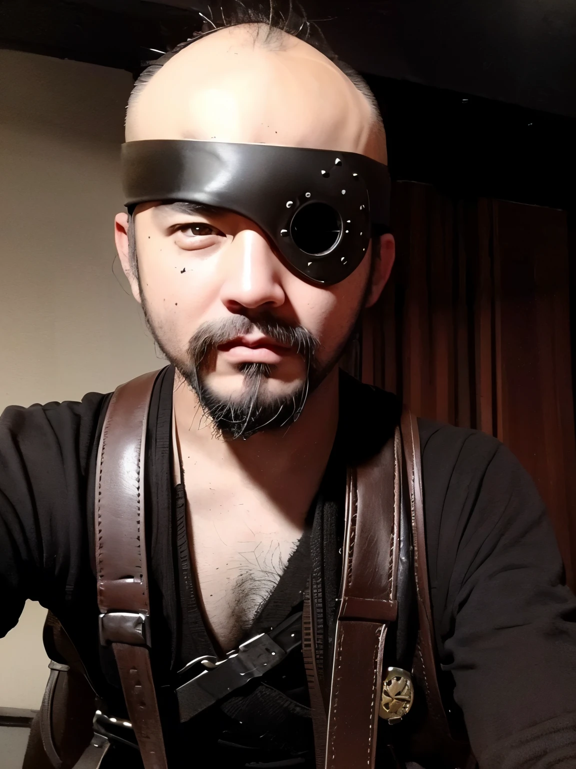 ((Eye Patch)). ((Eye patch)), Steampunk Gears Eye Patch, boy, Baldness, beard, alone, Rock star style man、Images of people wearing eyepatches in pop style。It matches well with backgrounds such as live music venues and music studios.。