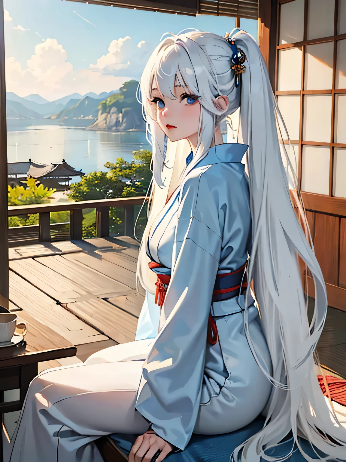 Japanese girl, long white hair, side bangs, blue eyes, beautiful, wide-eyed and beautiful, white skin, wearing a light blue kimono, sitting near the open shoji door with a beautiful view, early morning, morning sun, calming atmosphere.