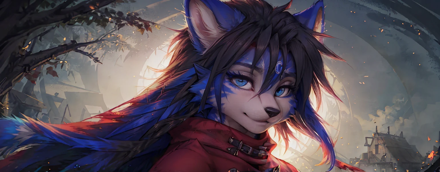 A beautiful and detailed (sweet portrait) von ((Krystal)), Sternenfuchs Krystal, Schlank, liebenswert, green eyes, medium breasts, (((Lange blaue Haare 1.3))), ((schwarze haarspitzen)), Dekollete, Grinsen, hoch schauen,, anthro, Pelzig, Hochgeladen E621, detailed flauschige fur, (von Fluff-Kevlar, Bayard Wu, Personalami, Pino Daeni), detailliertes Gesicht, (flauschige), 1 girl, Allein, Stammes-Kleidung, sweet girl, solo, liegend auf einer wiese