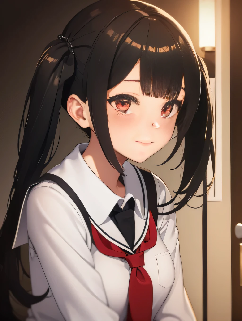 (1girl:1.3), Masterpiece, Best quality, amazing beauty, 4K, absurdres, finely detail, super detailed eye, perfect anatomy, official art, cinematic lighting, BREAK, room, silky twin tails, blunt bangs, black hair, super shiny detailed red eyes, Staring Intently, closed-mouth smile, eyewear, bashful, BREAK , usually, medium, tanlines, Are standing, full body, from front, Bold composition, spoken heart, BREAK , (school uniform:1.2), BREAK,()