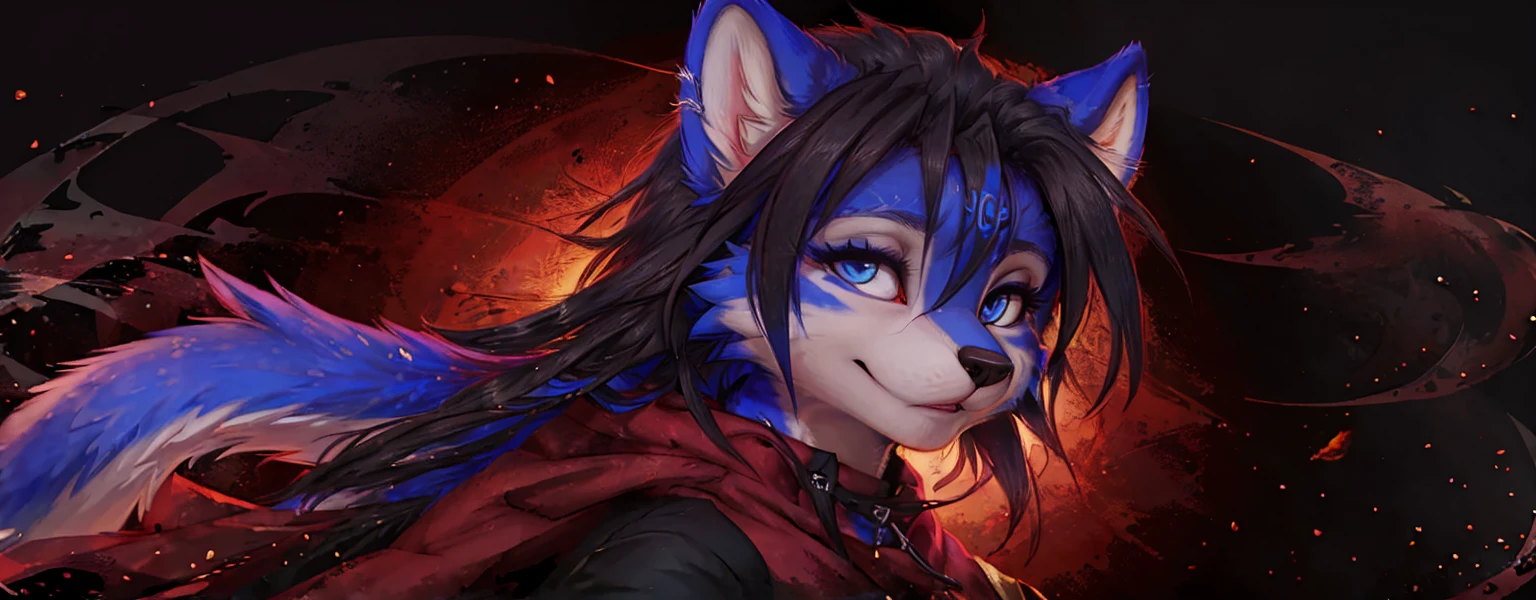 A beautiful and detailed (sweet portrait) von ((Krystal)), Sternenfuchs Krystal, Schlank, liebenswert, green eyes, medium breasts, (((Lange blaue Haare 1.3))), ((schwarze haarspitzen)), Dekollete, Grinsen, hoch schauen,, anthro, Pelzig, Hochgeladen E621, detailed flauschige fur, (von Fluff-Kevlar, Bayard Wu, Personalami, Pino Daeni), detailliertes Gesicht, (flauschige), 1 girl, Allein, Stammes-Kleidung, sweet girl, solo, liegend auf einer wiese