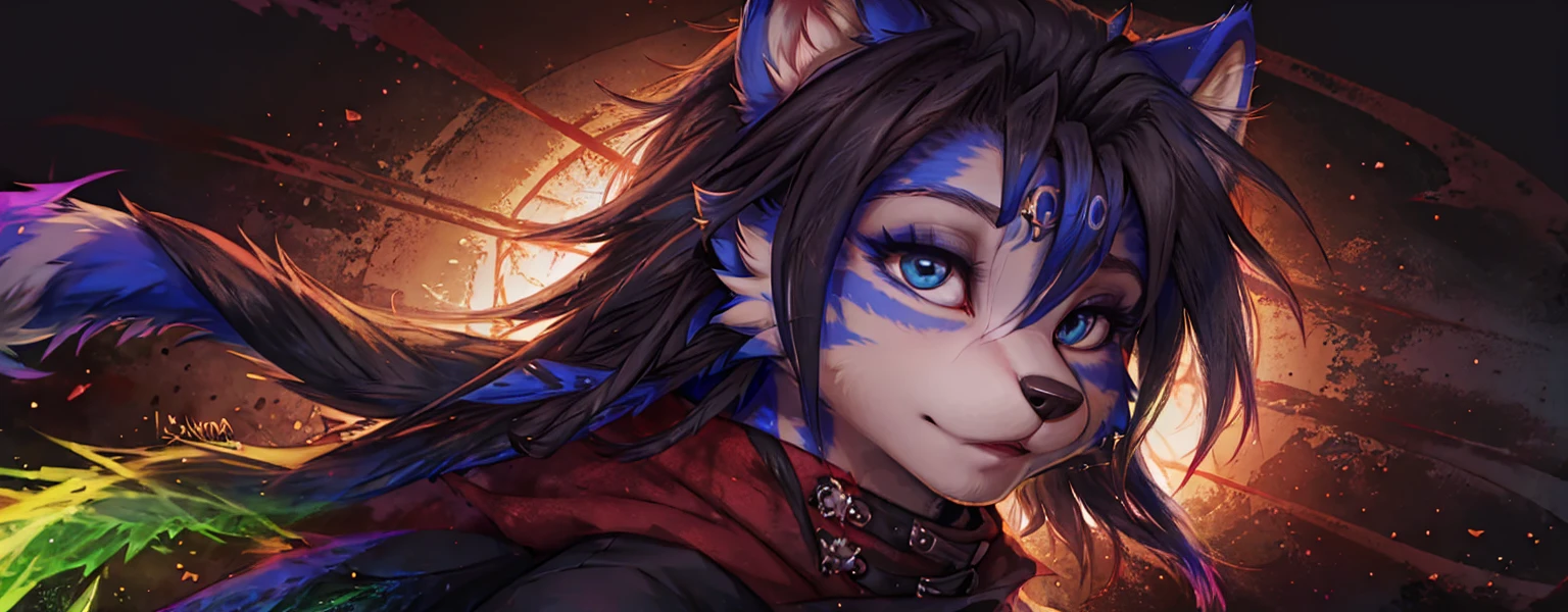 A beautiful and detailed (sweet portrait) von ((Krystal)), Sternenfuchs Krystal, Schlank, liebenswert, green eyes, medium breasts, (((Lange blaue Haare 1.3))), ((schwarze haarspitzen)), Dekollete, Grinsen, hoch schauen,, anthro, Pelzig, Hochgeladen E621, detailed flauschige fur, (von Fluff-Kevlar, Bayard Wu, Personalami, Pino Daeni), detailliertes Gesicht, (flauschige), 1 girl, Allein, Stammes-Kleidung, sweet girl, solo, liegend auf einer wiese