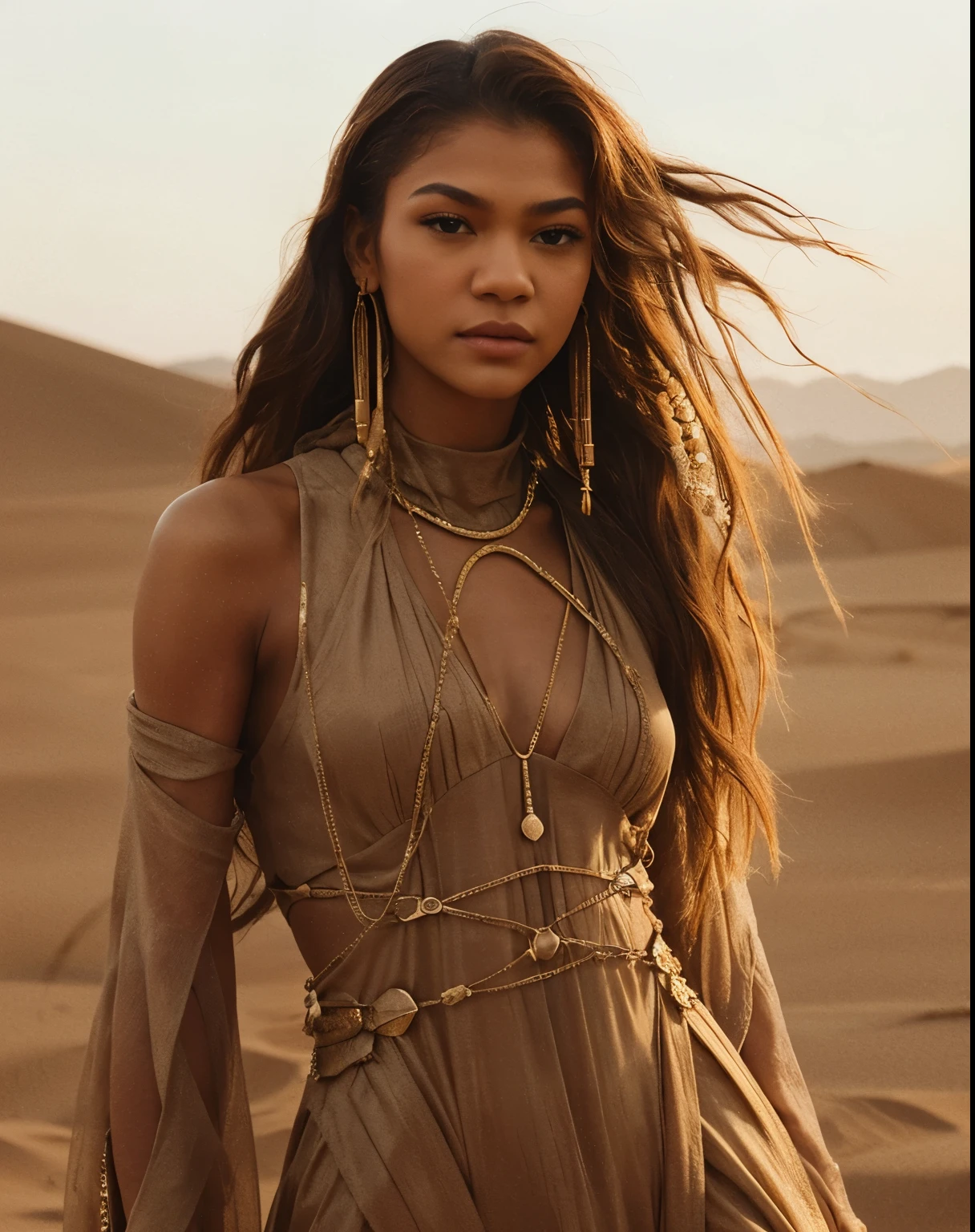 Envision Zendaya as the main actress in a film inspired by "Dune," embodying the essence of the desert with an outfit that is both stunning and functional. This collection embraces the theme of Culture Canvas by merging the stark beauty of the Sahara with modern fashion. The look combines flowing, sand-colored fabrics with intricate details, capturing the ethereal and resilient spirit of Zendaya's character in a breathtaking, wind-swept ensemble.