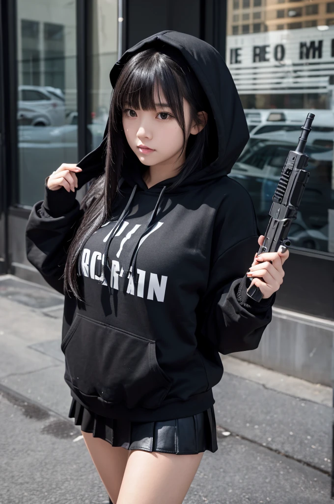 A girl with long black hair wearing a black hoodie with a hood　Black mini skirt　tall　Slightly larger breasts　With bangs　Foot thin　Has an assault rifle