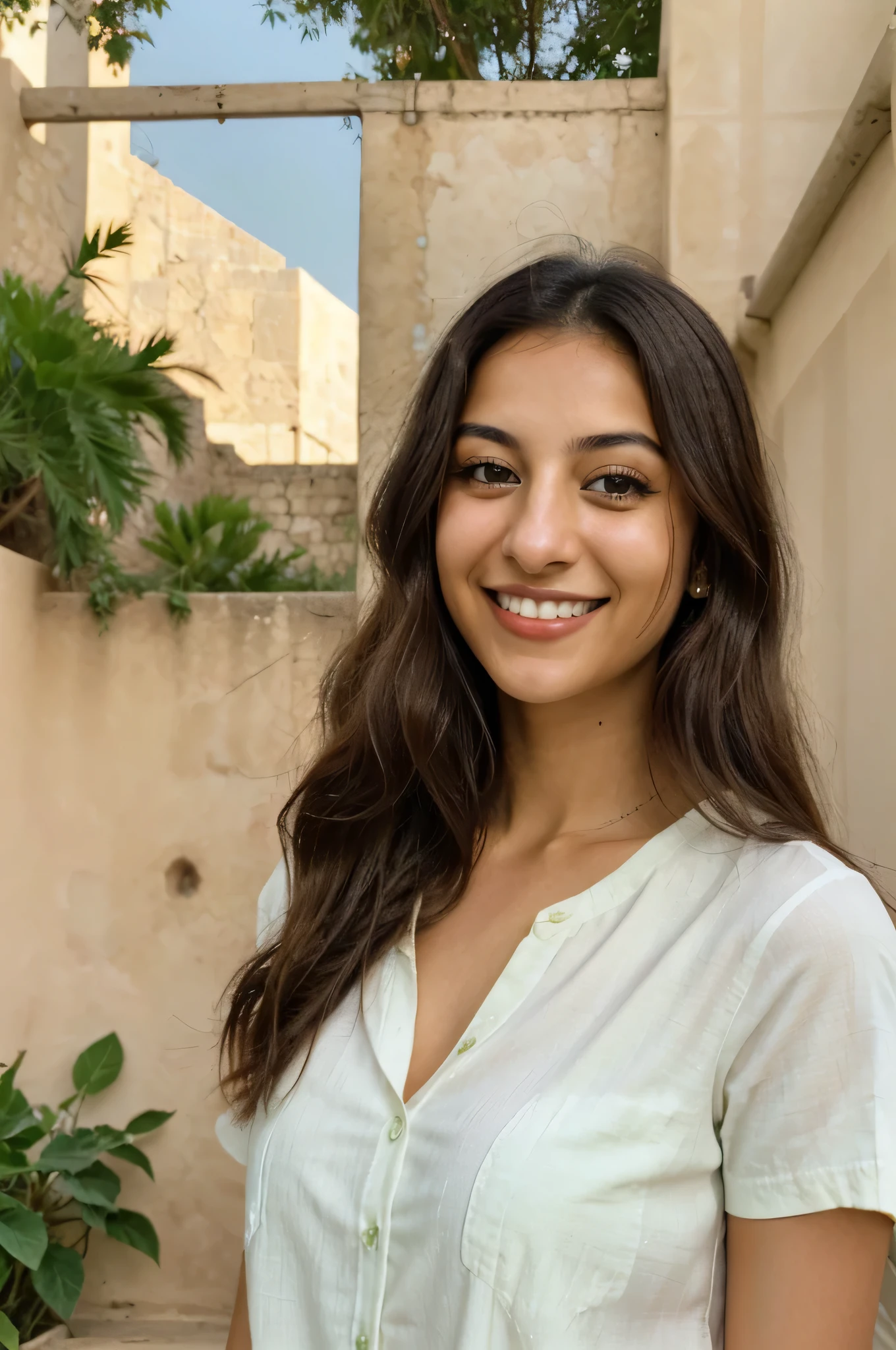 24YO, one Jordanian women, cute smile, white teethes, long light green shirt, light brown eyes, small nose, black/brown long hair