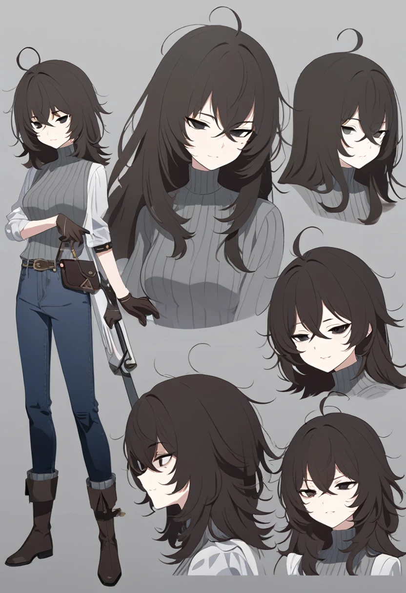 One Woman,Downer,older sister,Concept Art,Dark brown hair,Straight hair with slight inward curls,Staring eyes,Eye Ridge,black eye,Crossed bangs,whole body,smile,Slightly larger breasts,Gray background,Bangs that reach down to the eyes,Messy hair,Tight dark jeans,Gray turtleneck sweater,Multiple views of the same character,Character Design,Dark circles under the eyes,Bad look,Listless,Sloppy,Silver Jewelry,Cafe staff,Holding a cigarette,whole bodyCharacter Design,Detailed hands,Height: 170cm,boots,fleshy,