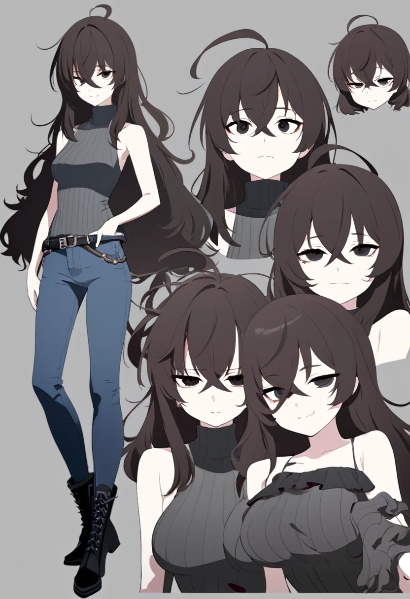 One Woman,Downer,older sister,Concept Art,Dark brown hair,Straight hair with slight inward curls,Staring eyes,Eye Ridge,black eye,Crossed bangs,whole body,smile,Slightly larger breasts,Gray background,Bangs that reach down to the eyes,Messy hair,Tight dark jeans,Gray turtleneck sweater,Multiple views of the same character,Character Design,Dark circles under the eyes,Bad look,Listless,Sloppy,Silver Jewelry,Cafe staff,Holding a cigarette,whole bodyCharacter Design,Detailed hands,Height: 170cm,boots,fleshy,