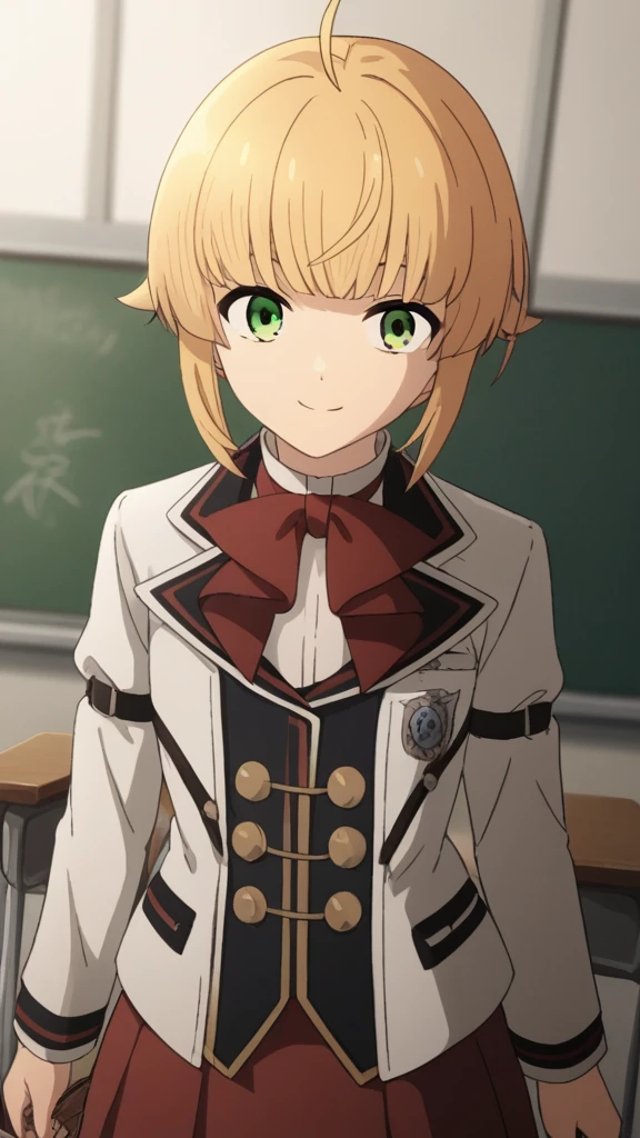 score_9, score_8_superior, score_7_superior, sauce_anime,
Norngreyrat, Norn Greyrat, bangs, Blonde, Green Eyes, Ahoge,
Long sleeve, bow, , Jacket, bowtie, red bow, skirt, red skirt, white Jacket,
indoor, classroom, I had already finished, smile,
alone, Dutch Angle, View your viewers,  ,
break masterpiece ,8k unity wallpaper,anime key visual,highest quality, High resolution,  (shape:0.8),anime coloring,
highly detailed face, detailed eyes,growing eyes,shiny skin,fine skin,white skin,dense skin,detailed hair,highly detailed legs,
perfect lighting, Detailed CG, 
(perfect hands, perfect anatomy),High resolution,
Break slender limbs, delicate curves, dainty hands,figure:0.8,