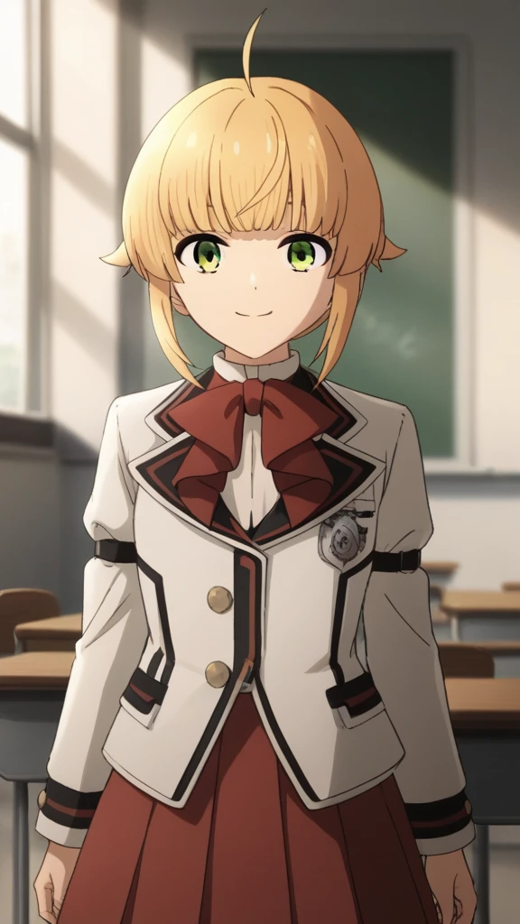 score_9, score_8_superior, score_7_superior, sauce_anime,
Norngreyrat, Norn Greyrat, bangs, Blonde, Green Eyes, Ahoge,
Long sleeve, bow, , Jacket, bowtie, red bow, skirt, red skirt, white Jacket,
indoor, classroom, I had already finished, smile,
alone, Dutch Angle, View your viewers,  ,
break masterpiece ,8k unity wallpaper,anime key visual,highest quality, High resolution,  (shape:0.8),anime coloring,
highly detailed face, detailed eyes,growing eyes,shiny skin,fine skin,white skin,dense skin,detailed hair,highly detailed legs,
perfect lighting, Detailed CG, 
(perfect hands, perfect anatomy),High resolution,
Break slender limbs, delicate curves, dainty hands,figure:0.8,