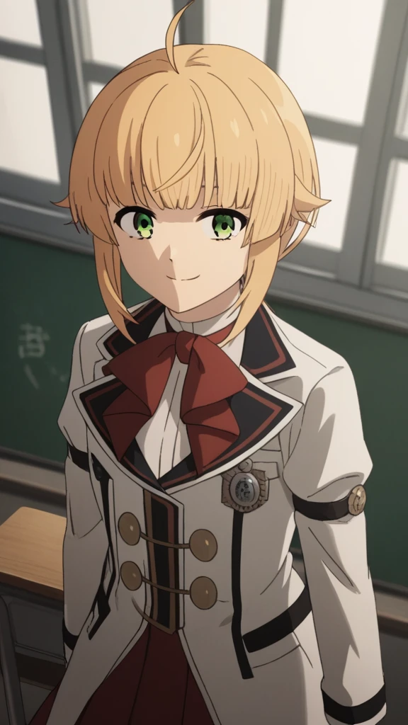 score_9, score_8_superior, score_7_superior, sauce_anime,
Norngreyrat, Norn Greyrat, bangs, Blonde, Green Eyes, Ahoge,
Long sleeve, bow, , Jacket, bowtie, red bow, skirt, red skirt, white Jacket,
indoor, classroom, I had already finished, smile,
alone, Dutch Angle, View your viewers,  ,
break masterpiece ,8k unity wallpaper,anime key visual,highest quality, High resolution,  (shape:0.8),anime coloring,
highly detailed face, detailed eyes,growing eyes,shiny skin,fine skin,white skin,dense skin,detailed hair,highly detailed legs,
perfect lighting, Detailed CG, 
(perfect hands, perfect anatomy),High resolution,
Break slender limbs, delicate curves, dainty hands,figure:0.8,