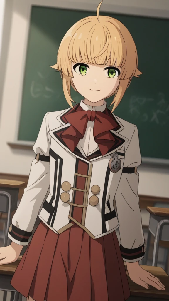 score_9, score_8_superior, score_7_superior, sauce_anime,
Norngreyrat, Norn Greyrat, bangs, Blonde, Green Eyes, Ahoge,
Long sleeve, bow, , Jacket, bowtie, red bow, skirt, red skirt, white Jacket,
indoor, classroom, I had already finished, smile,
alone, Dutch Angle, View your viewers,  ,
break masterpiece ,8k unity wallpaper,anime key visual,highest quality, High resolution,  (shape:0.8),anime coloring,
highly detailed face, detailed eyes,growing eyes,shiny skin,fine skin,white skin,dense skin,detailed hair,highly detailed legs,
perfect lighting, Detailed CG, 
(perfect hands, perfect anatomy),High resolution,
Break slender limbs, delicate curves, dainty hands,figure:0.8,