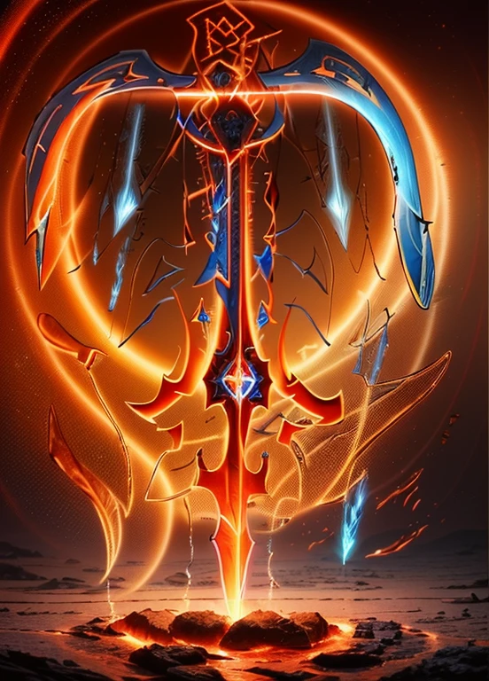 A holy long sword, blue orange and red, holy luminesvebt glyphs, in bottom of ocean, fire aura, beautiful decourations, insane details, 8k, uhd, photorealistic,Raw photo,high quality,16k resolution,vivid colors, with luminescent effects