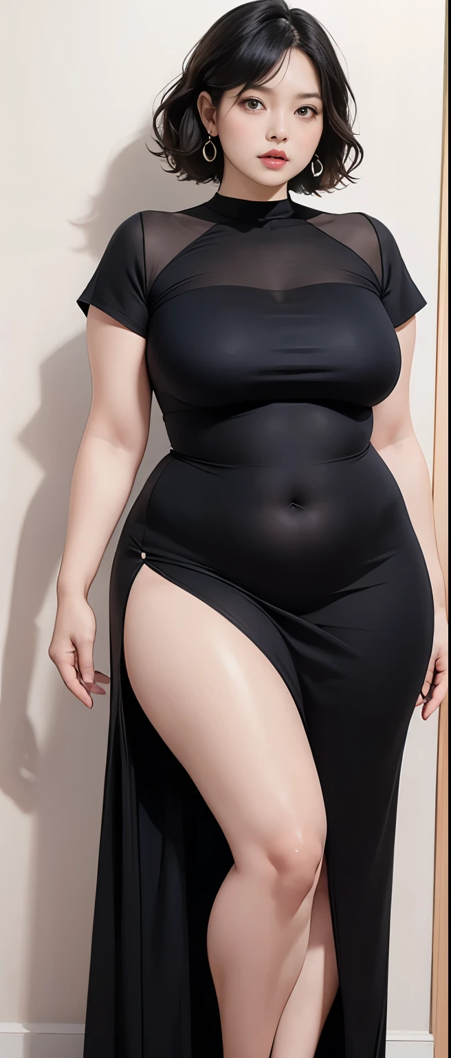 Chubby woman with chubby belly and tight thighs, full body, 50-year-old mature woman, thick hips, thick neck, thick chest, big eyes, wearing a longest dress, wavy medium short hair, Height 170 cm , full body