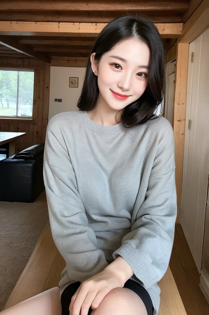 22-year-old girl, with gray eyes, pale white skin, slim figure, smiling, black hair, fashionable, photo taken with an ultra-realistic professional camera, she is in a very relaxed cabin outside