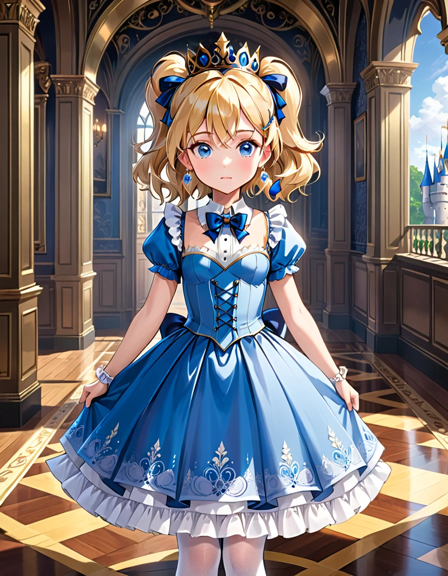 (best quality,4k,8k,highres,masterpiece:1.2),ultra-detailed, 16 years old prince magically transformed into a cute seven years old princess, is embarrassed, gender bending, fantasy, royalty, fantastic transformation, drawn in anime art style, steampunk, childlike, young girl, blond hair and blue eyes, blushing, flat chested, blue and white princess gown with puffy sleeves, physically-based rendering,gorgeous dress design,flowing gown,elaborate lace details,rich textures,contrast stitching,delicate ribbon bows,floral accents,long maxi skirt,short sleeves,fitted waistline,lace-up back,luxurious fabrics,flawless silhouette, bow tie, petticoat, white pantyhose, white elbow gloves, corset, gold earrings and necklace, tiara, hair ribbons, mary jane shoes, standing in a castle bedroom.