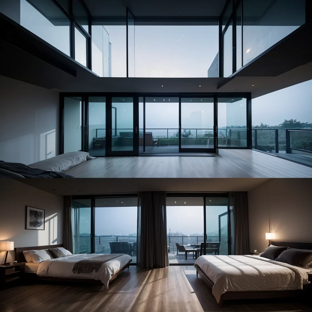 This is a perspective view of the interior of the building..,the place is a bedroom,Natural modern taste,A slightly dark atmosphere with indirect lighting,The night view from the window is beautiful.,Newly Married