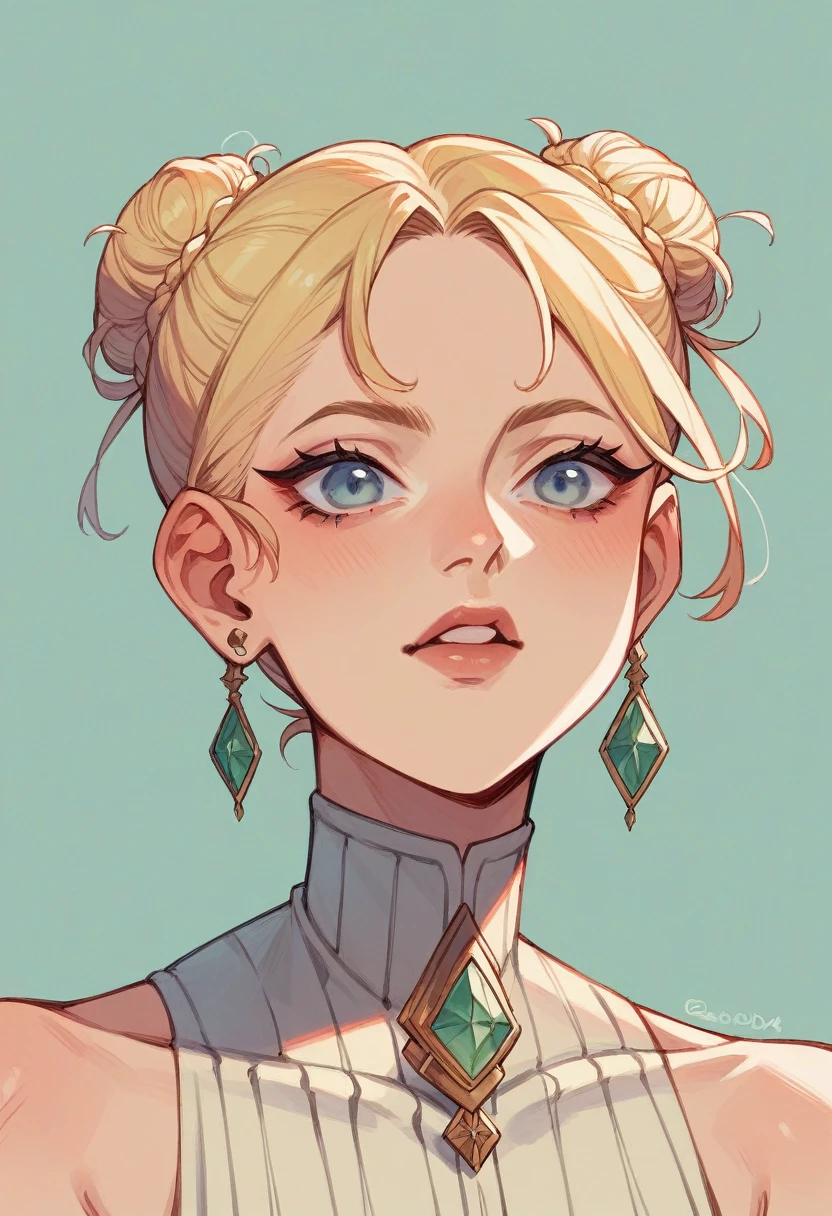 A dyed blonde girl with only her dark roots visible with a bun, ella esta desnuda en una cama, ella es media alta