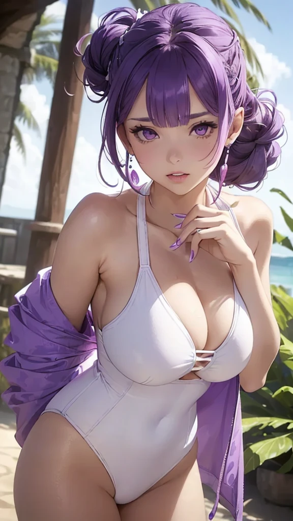 (((A woman wearing a white high-cut swimsuit))), (((Purple Hair、Updo)))、Purple Eyes、((Bangs))、Pink Lips、tiara, scenery, Sexy expression, ((Very detailed)), (Perfectly detailed face), (Detailed and well-drawn hand) 、Very large breasts、Photorealistic images 、 Picture from the waist up、Earrings、bracelet、ring